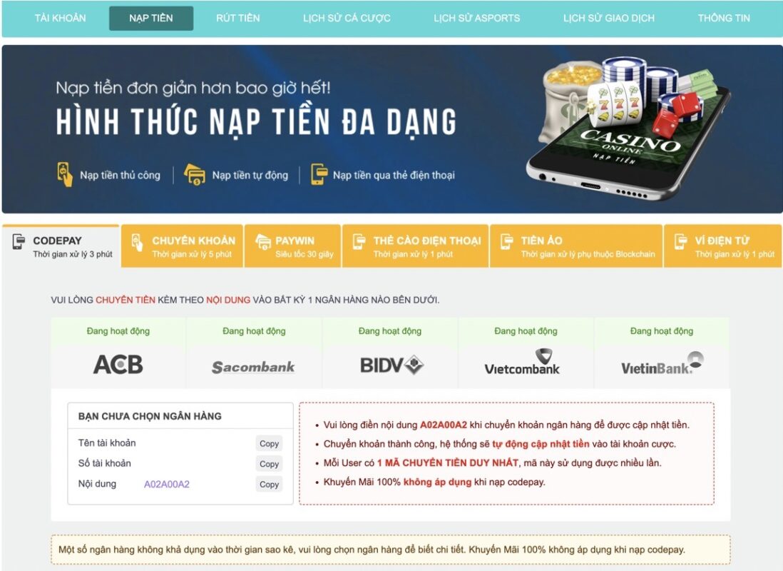 Khi thực hiện giao dịch nạp tiền với Pho88, vui lòng lưu ý những điều sau: - Pho88